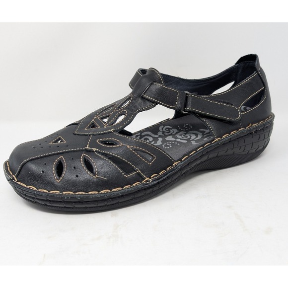 Propet Shoes - Propet Women's 12 M Black Leather Laser Cut Mary Jane Comfort Shoes Sandals